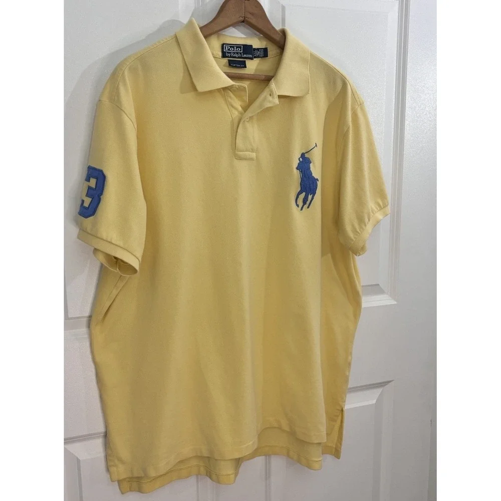 polo ralph lauren custom fit XXL Yellow Big Pony‎ Shirt Blue Logo #3 0489
